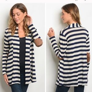 Black/white striped cardigan & suede elbow patches